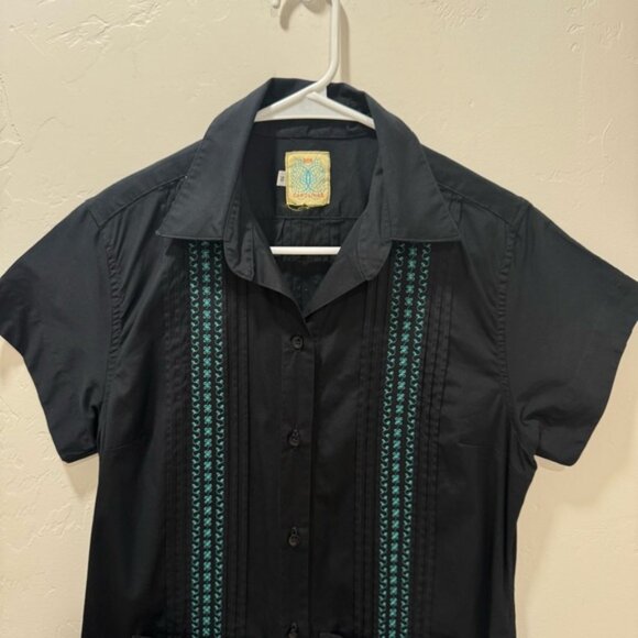 Dos Carolinas Guayabera Embroidered Shirt Dress Small Black Turquoise Cotton - Picture 3 of 13